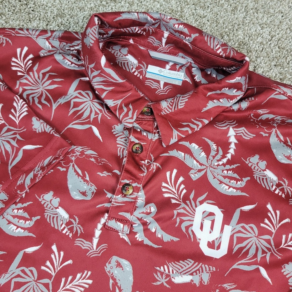 Columbia PFG Oklahoma Sooners Mens Large Red AOP Floral Performance Stretch Polo